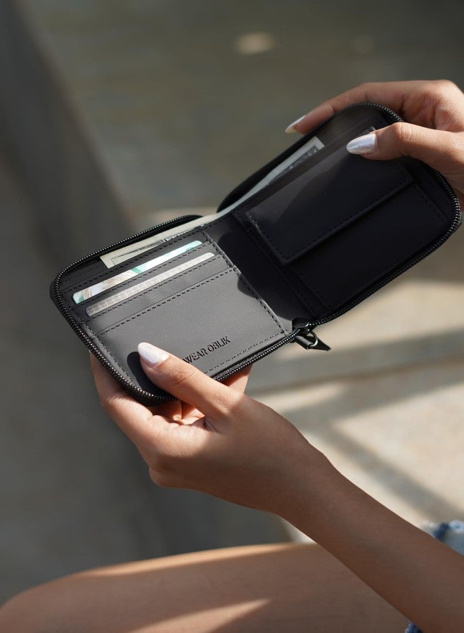OBLIK Corsa Billfold - Women's Wallet | Compact Zip Around Wallet - 3 Card Slots with Separate Currency and Coin Compartments | Black Vegan Leather - Image 5